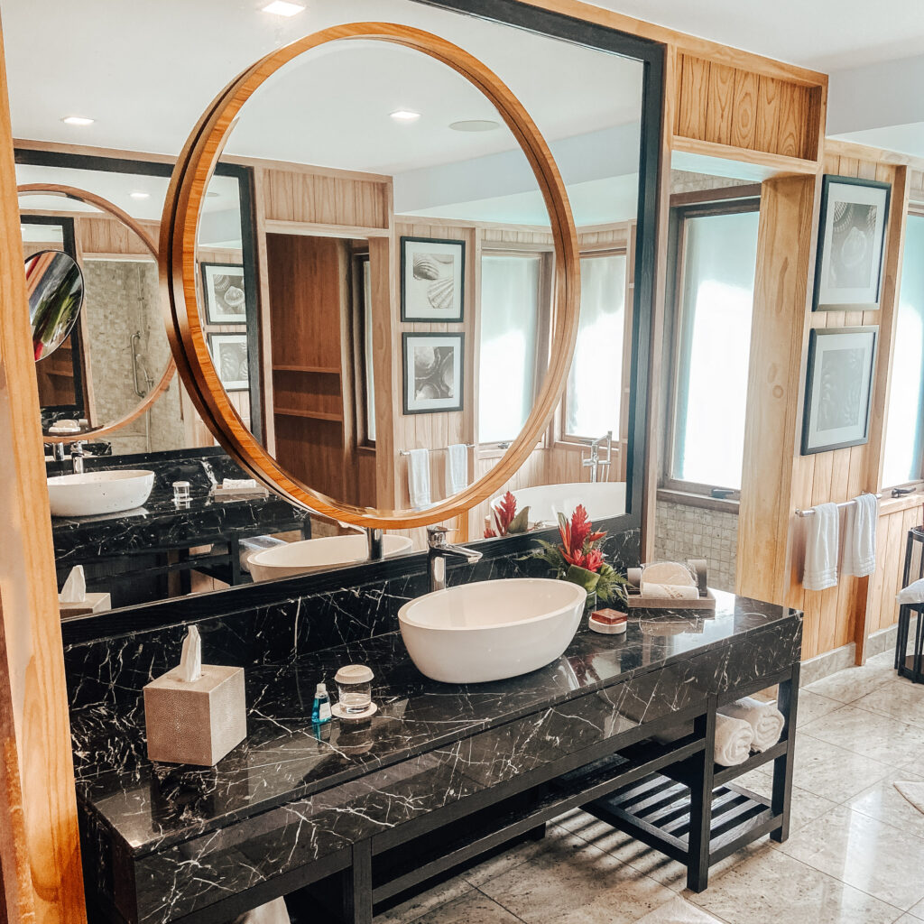 Luxury bathroom in overwater deluxe villa at Conrad Bora Bora Nui