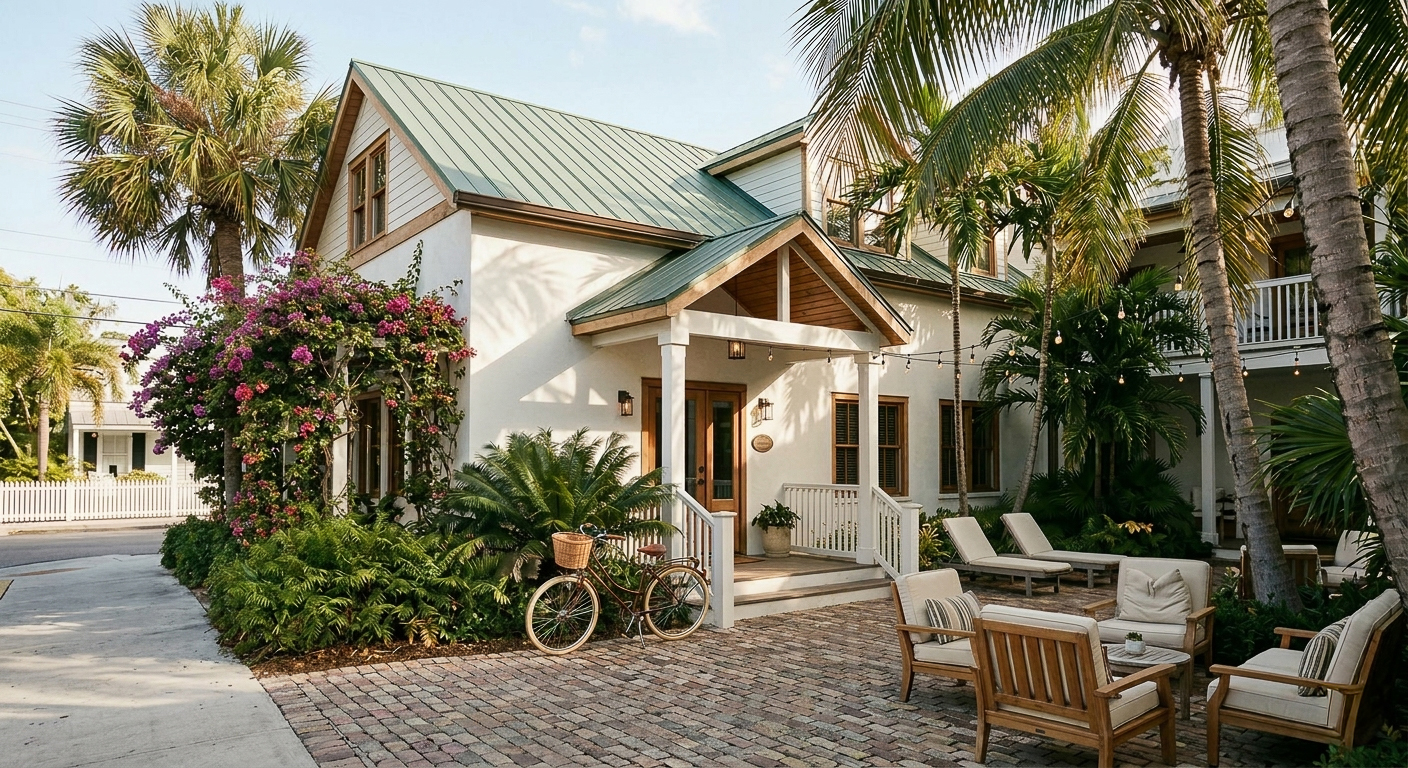 Empty patio with seating area and palm trees at a boutique hotel in Florida.