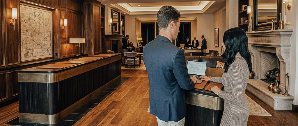 Hospitality consultant conducting an on-site 360-degree alignment review, documenting spatial UX and operational flow in a boutique hotel lobby.